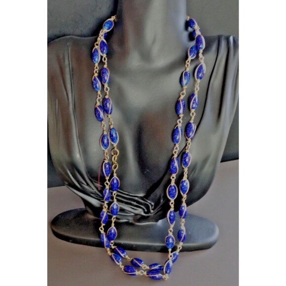 Lapis Lazuli Bead Copper Wire Wrapped Chain Link Long Single Strand Necklace 48" - Picture 2 of 14